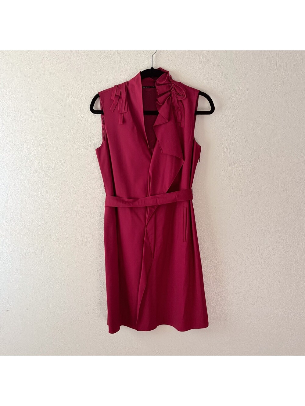 Elie Tahari Dress Midi Ruffle Details Sleeveless Belted  Deep Pink